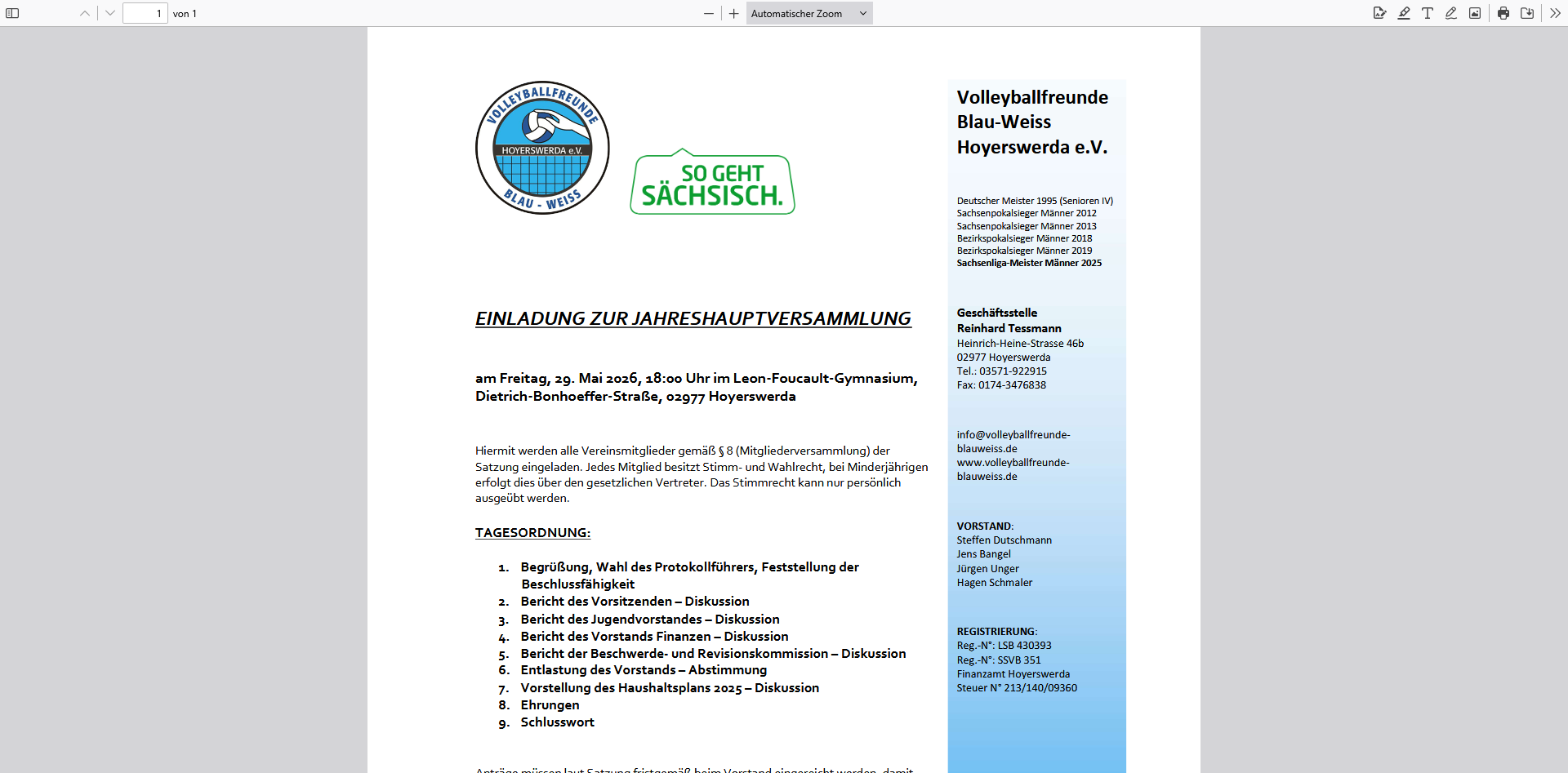 EINLADUNG ZUR JAHRESHAUPTVERSAMMLUNG